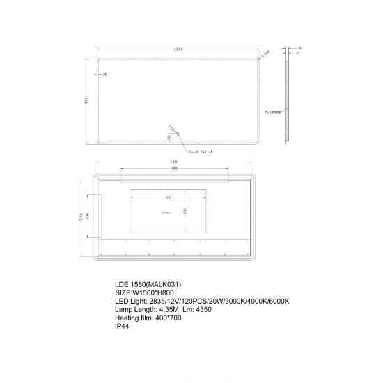 1500*800mm Frosted Glass Edge 3 Color Lighting Backlit LED Mirror Touch Sensor Switch Defogger Pad Wall Mounted Vertical or Horizontal