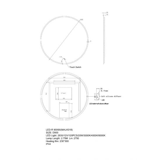 900mm Round Plain LED Mirror 3 Color Lighting Touch Sensor Switch Defogger Pad Wall Mounted Acrylic Mirror Back Lighting