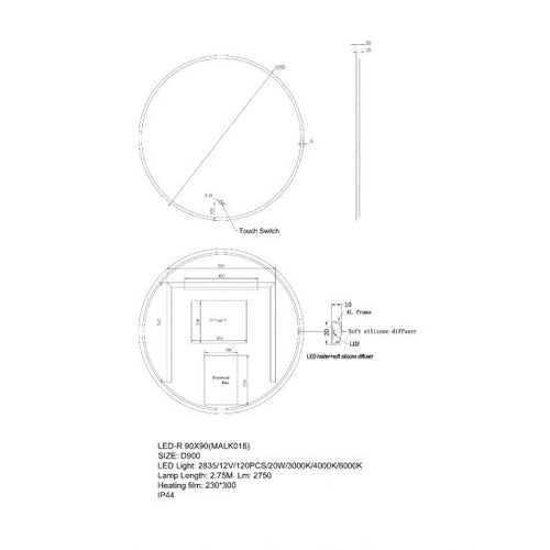 900mm Round Plain LED Mirror 3 Color Lighting Touch Sensor Switch Defogger Pad Wall Mounted Acrylic Mirror Back Lighting