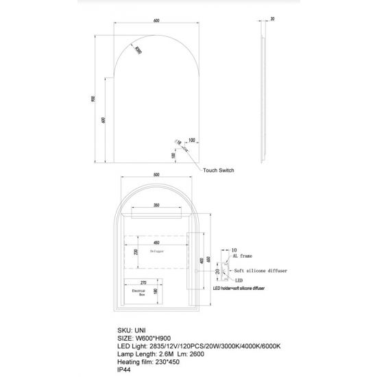 600*900mm Arch 3 Color Lighting Backlit LED Mirror with Touch Sensor Switch