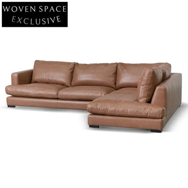 Lucinda 4 Seater Right Chaise Leather Sofa - Caramel Brown
