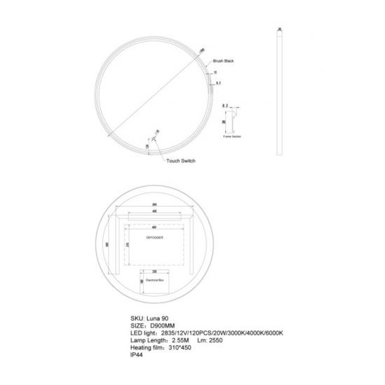 ROUND FRAMED LED MIRROR 900*38