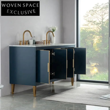 Luxurious 60-inch Navy Blue Bathroom Vanity Cabinet with Marble Top & Ceramic Sink