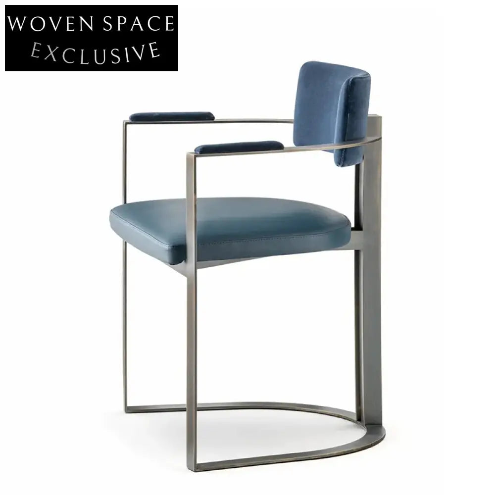 Luxurious Blue Velvet Dining Chair with Gold Metal Armrests and Legs