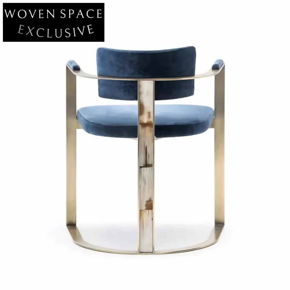 Luxurious Blue Velvet Dining Chair with Gold Metal Armrests and Legs