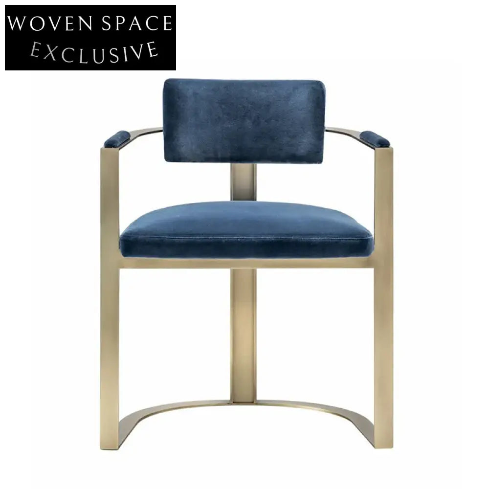 Luxurious Blue Velvet Dining Chair with Gold Metal Armrests and Legs