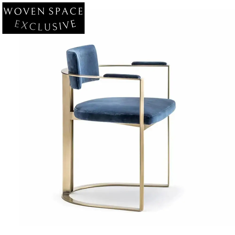 Luxurious Blue Velvet Dining Chair with Gold Metal Armrests and Legs