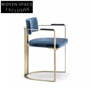 Luxurious Blue Velvet Dining Chair with Gold Metal Armrests and Legs