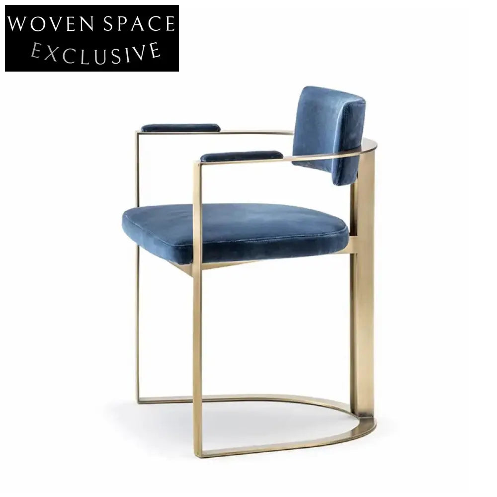Luxurious Blue Velvet Dining Chair with Gold Metal Armrests and Legs