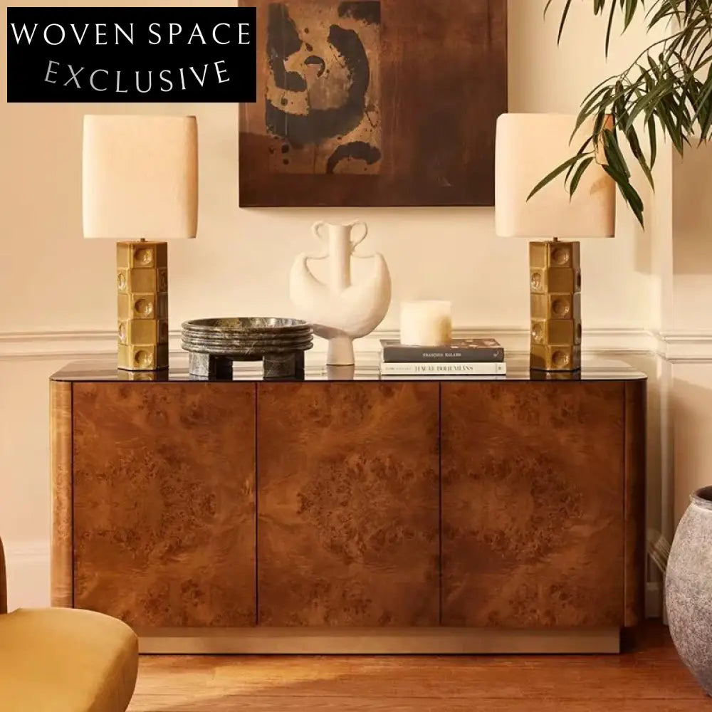 Luxurious Burl Veneer Wood Modern Storage Console Dining Room Sideboard