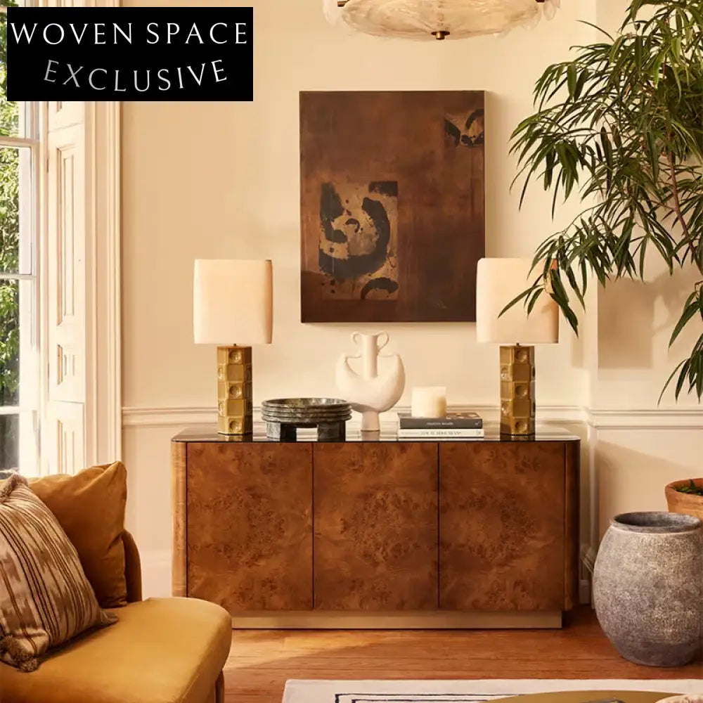 Luxurious Burl Veneer Wood Modern Storage Console Dining Room Sideboard