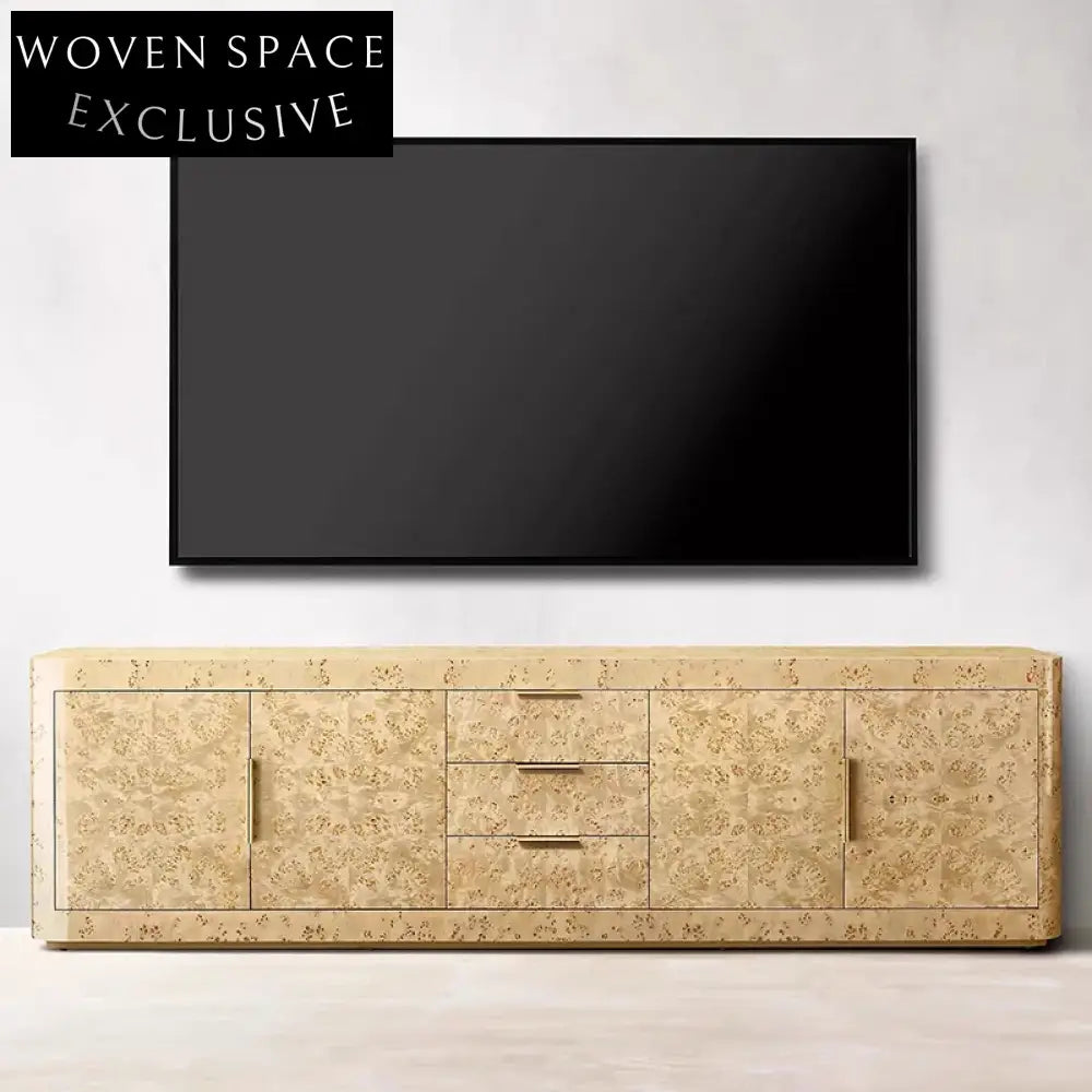 Luxurious Burl Wood TV Console Cabinet with Metal Drawers for Elegant Living