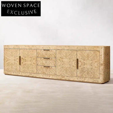 Luxurious Burl Wood TV Console Cabinet with Metal Drawers for Elegant Living