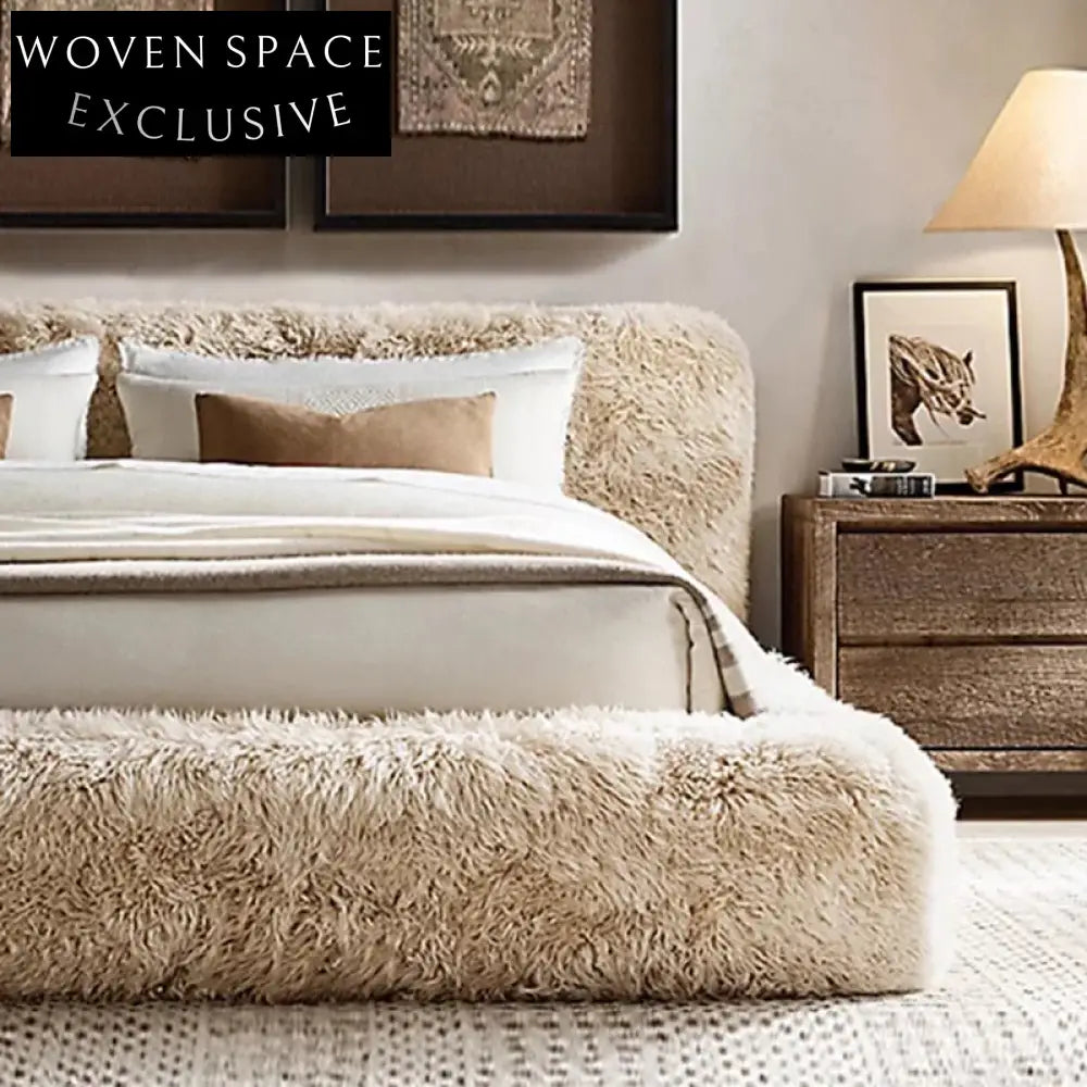 Luxurious Cashmere Fabric Modern King Queen Bed Frame with Solid Pine Wood