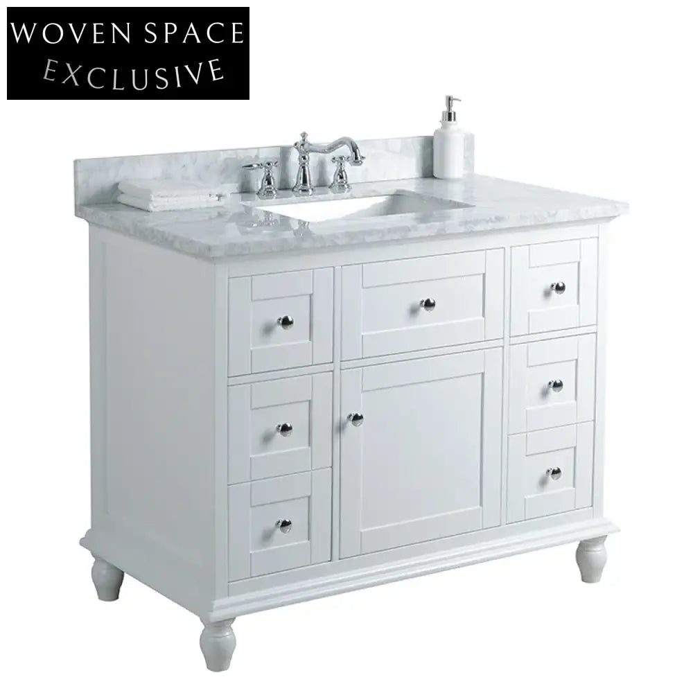 Luxurious European Style Solid Wood Bathroom Vanity with Marble Top & Storage