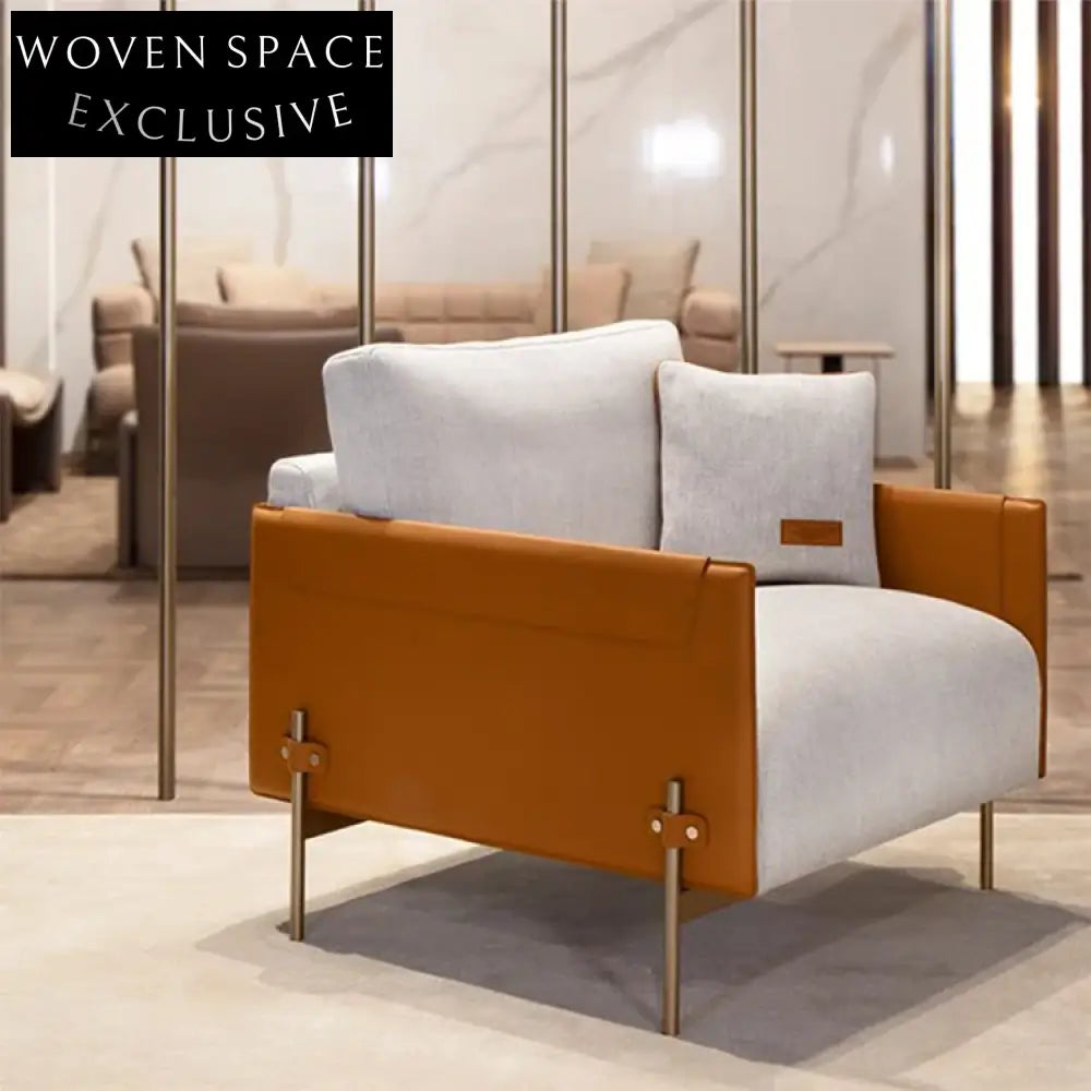 Luxurious Fabric Sofa Chair with Saddle Leather, Metal Legs, Contemporary Design