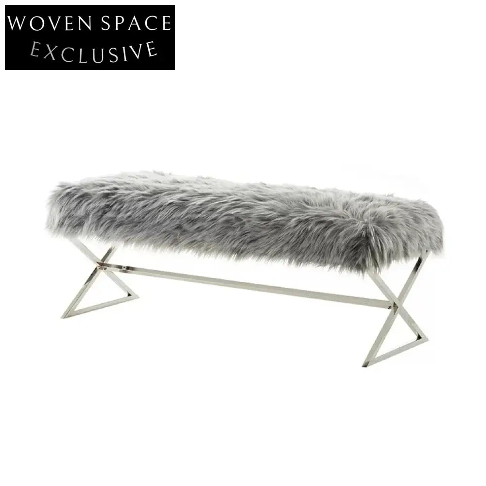 Luxurious Faux Fur Long Ottoman Bench with Gold Stainless Steel Legs