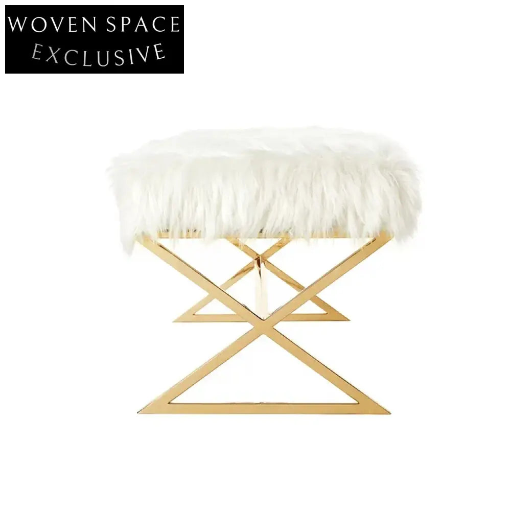 Luxurious Faux Fur Long Ottoman Bench with Gold Stainless Steel Legs
