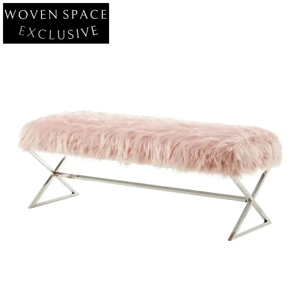 Luxurious Faux Fur Long Ottoman Bench with Gold Stainless Steel Legs