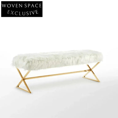 Luxurious Faux Fur Long Ottoman Bench with Gold Stainless Steel Legs