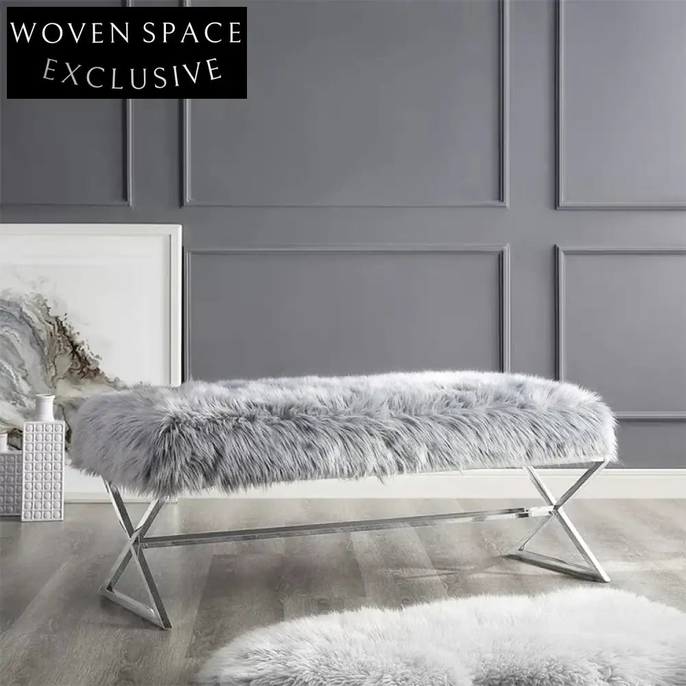 Luxurious Faux Fur Long Ottoman Bench with Gold Stainless Steel Legs