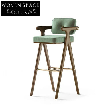 Luxurious Green Velvet Solid Wood Backrest High Counter Kitchen Bar Stool