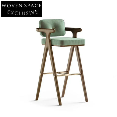 Luxurious Green Velvet Solid Wood Backrest High Counter Kitchen Bar Stool