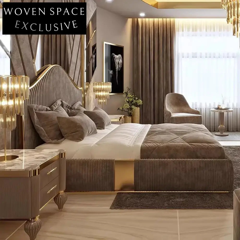 Luxurious High Headboard King Bed Frame, Soft Velvet Leather, Gold Stainless Steel Accents