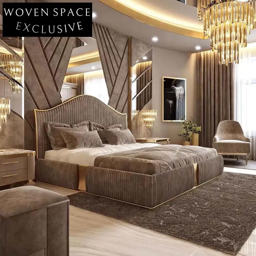 Luxurious High Headboard King Bed Frame, Soft Velvet Leather, Gold Stainless Steel Accents