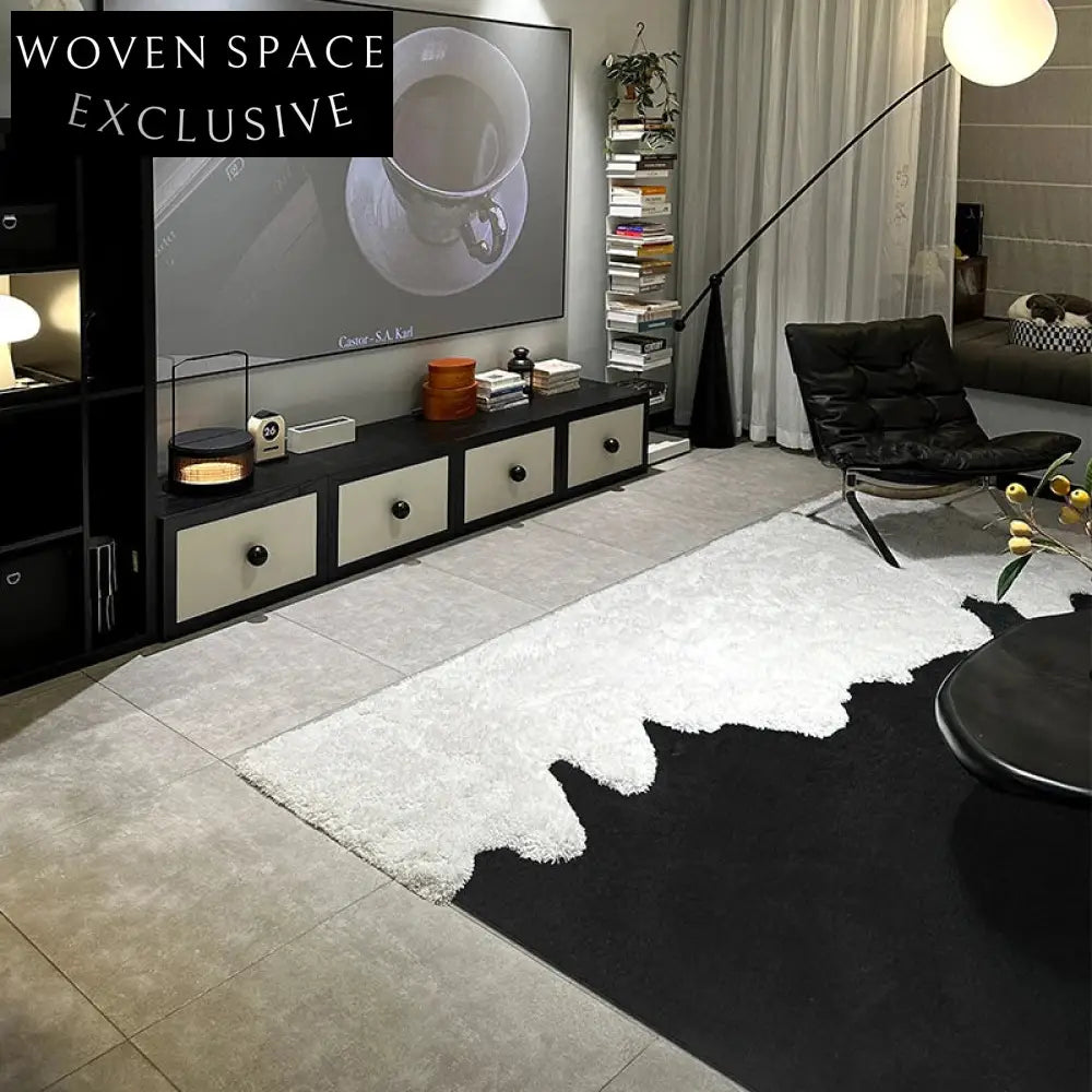 Luxurious Italian Black White Long-Pile Area Rug for Modern Living