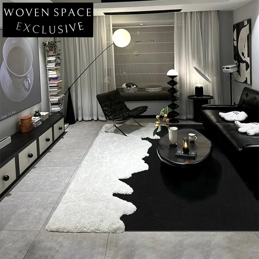 Luxurious Italian Black White Long-Pile Area Rug for Modern Living