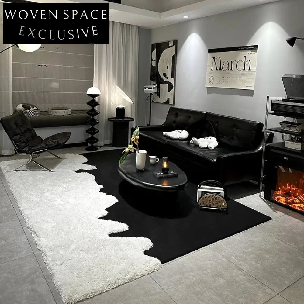 Luxurious Italian Black White Long-Pile Area Rug for Modern Living
