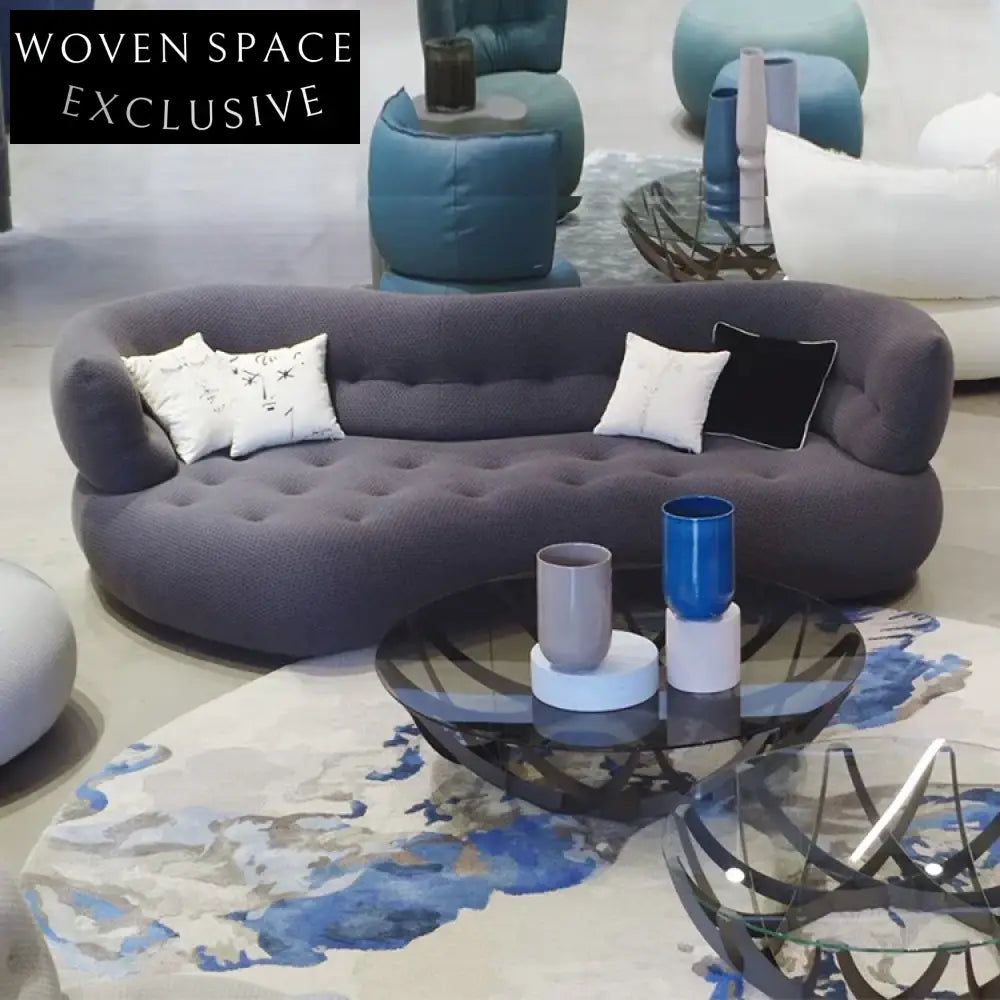 Luxurious Italian Blue Fabric Curved 7-Seater Sectional Living Room Sofa