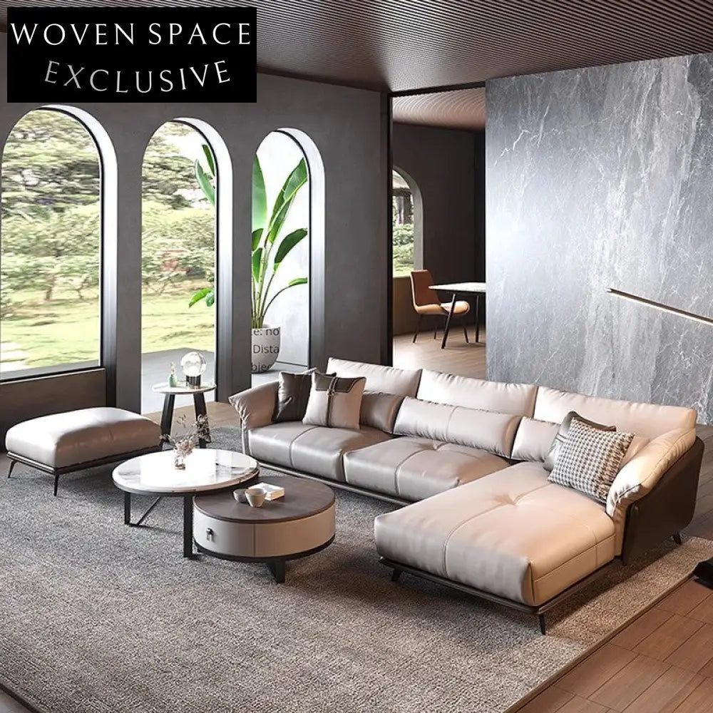 Luxurious Italian Design Leather Sectional L-Shaped Low Arm Living Room Sofa