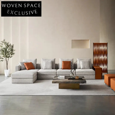 Luxurious Italian Fabric Modular Sectional L-Shaped Sofa with Side Table