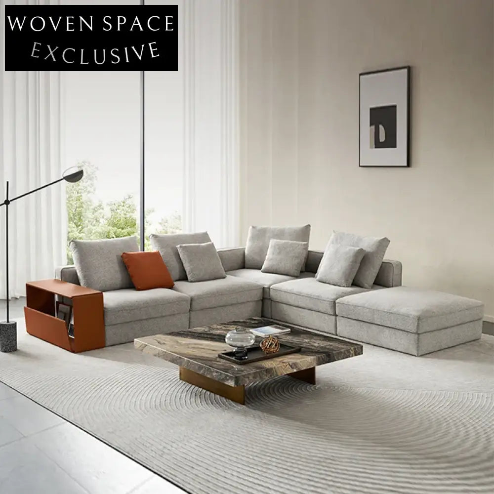 Luxurious Italian Fabric Modular Sectional L-Shaped Sofa with Side Table