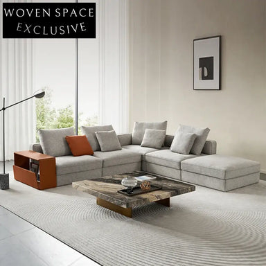 Luxurious Italian Fabric Modular Sectional L-Shaped Sofa with Side Table