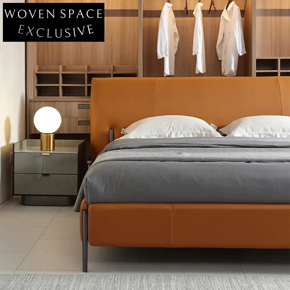 Luxurious Italian Leather Upholstered Solid Wood Frame Master Bedroom Bed