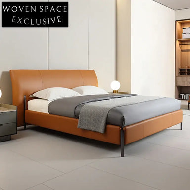 Luxurious Italian Leather Upholstered Solid Wood Frame Master Bedroom Bed