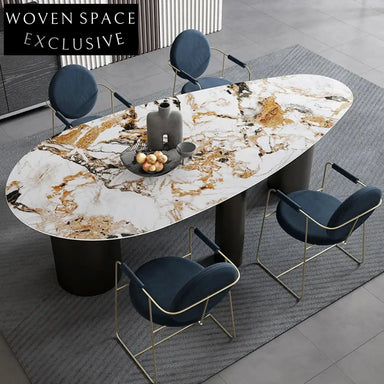 Luxurious Italian Natural Marble Oval Dining Table with Chic Metal Base