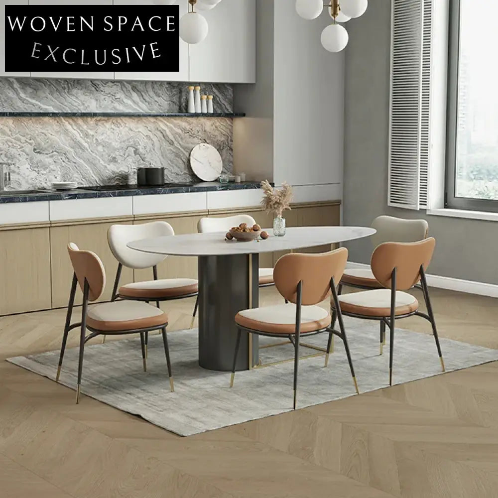 Luxurious Italian Natural Marble Oval Dining Table with Chic Metal Base