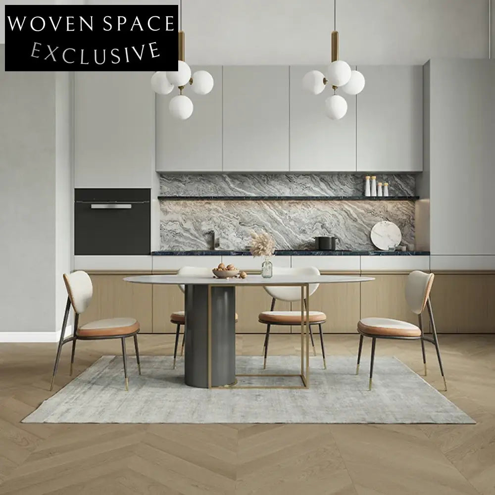 Luxurious Italian Natural Marble Oval Dining Table with Chic Metal Base