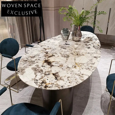 Luxurious Italian Natural Marble Oval Dining Table with Chic Metal Base