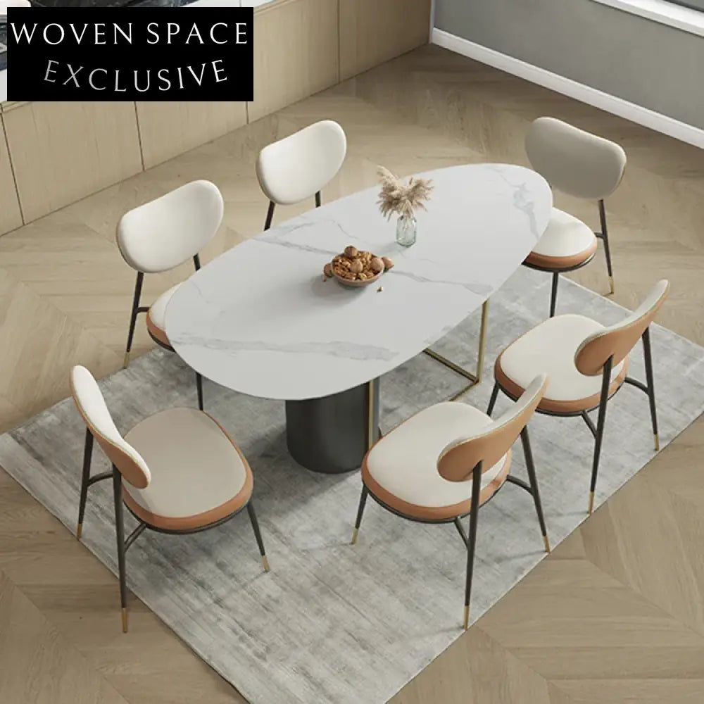 Luxurious Italian Natural Marble Oval Dining Table with Chic Metal Base