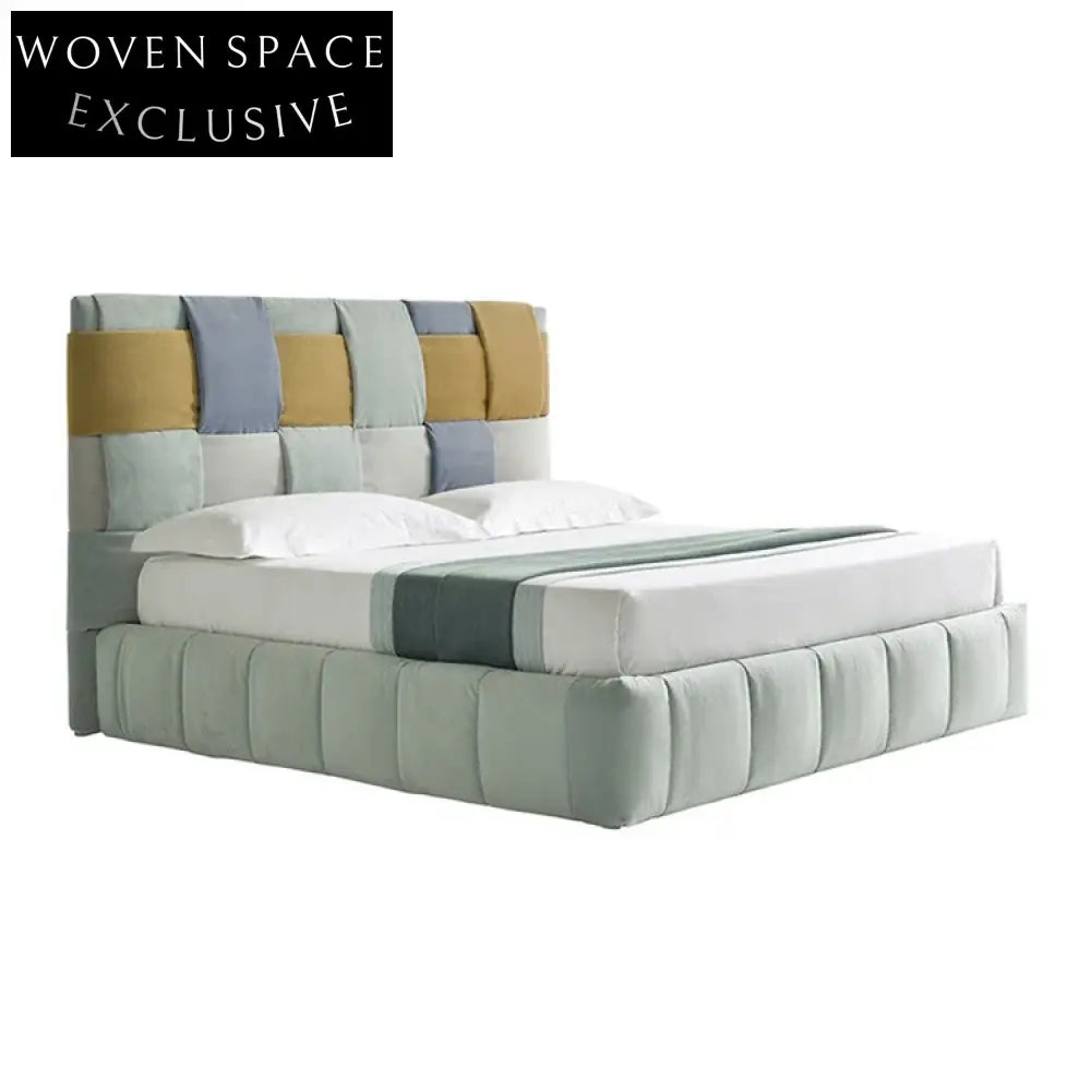 Luxurious Italian Velvet Upholstered Rectangle King Size Fabric Platform Bed