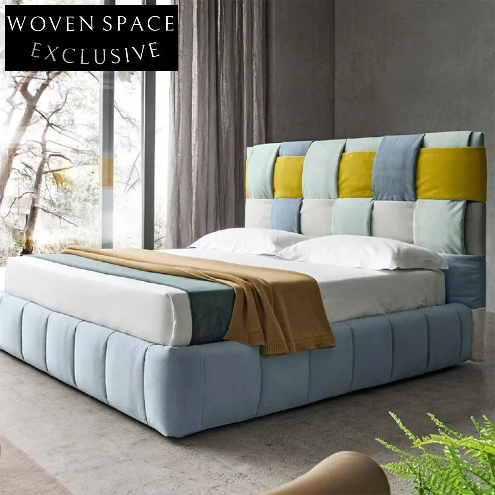 Luxurious Italian Velvet Upholstered Rectangle King Size Fabric Platform Bed