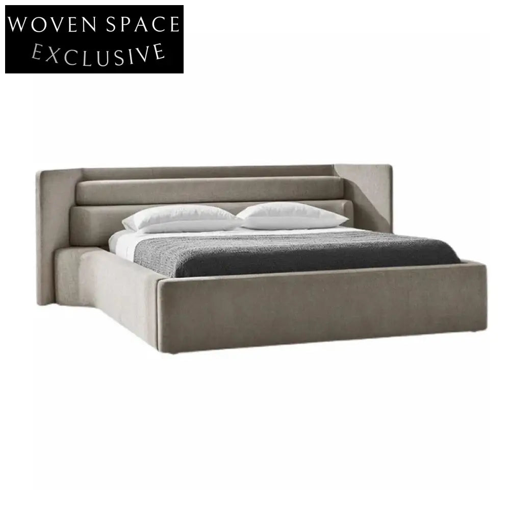 Luxurious Linen Fabric Modern Wood Platform Bed with Soft Padded Headboard
