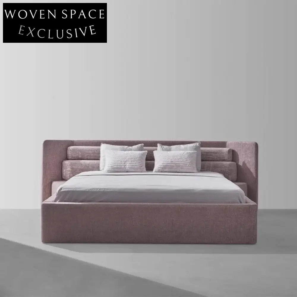 Luxurious Linen Fabric Modern Wood Platform Bed with Soft Padded Headboard
