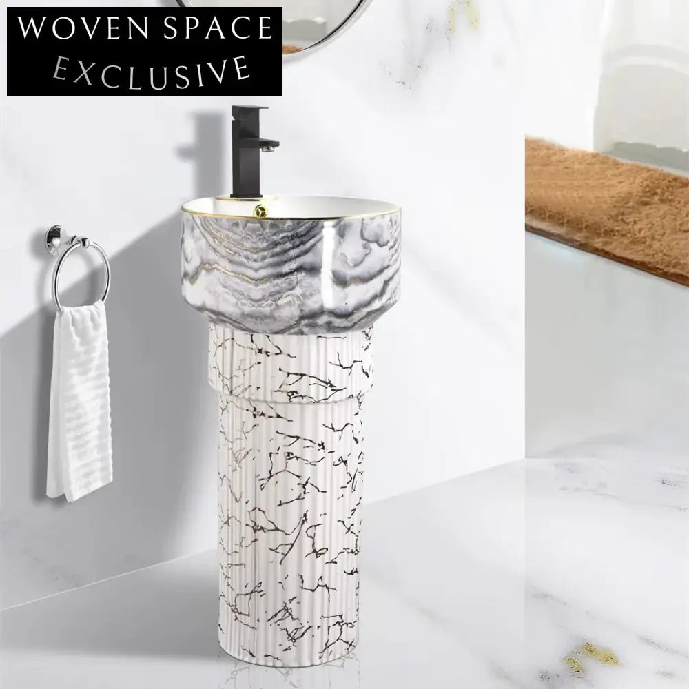 Luxurious Marble Gold Round Freestanding Ceramic Bathroom Pedestal Sink
