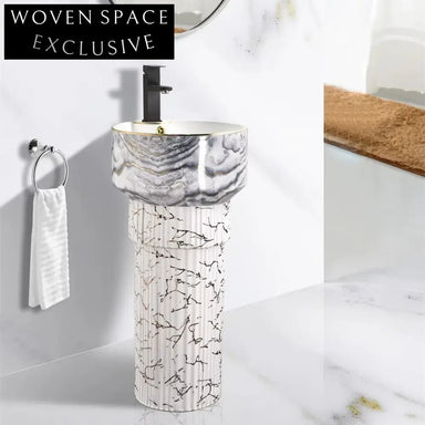 Luxurious Marble Gold Round Freestanding Ceramic Bathroom Pedestal Sink